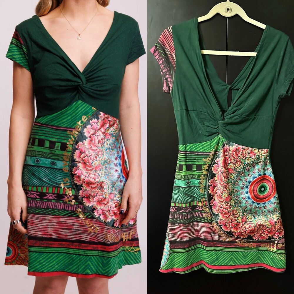 Desigual Green Knot-Front Mini Dress with Floral Medallion L
